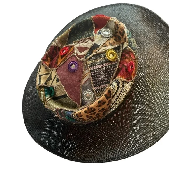 Bohemian (Whittall & Shon) Black Straw Hat with unique Print. - Picture 5 of 9